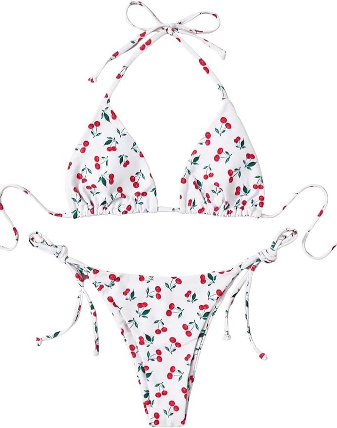 SOLY HUX Women's Bikini Sets Cherry Print Halter Triangle Tie Side Bathing Suits 2 Piece Swimsuit | Amazon (US)