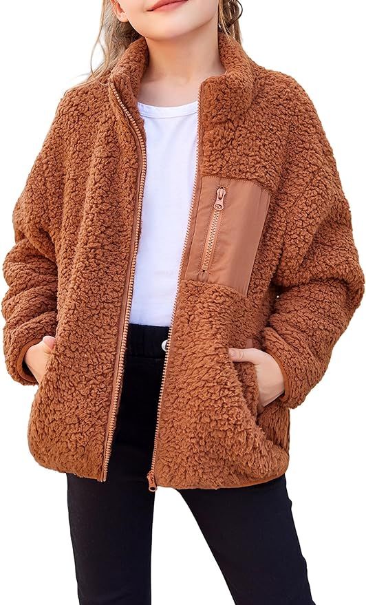 Arshiner Girls Fleece Jacket Sherpa Fall Winter Full Zip Fuzzy Coat Outwear with Pockets | Amazon (US)