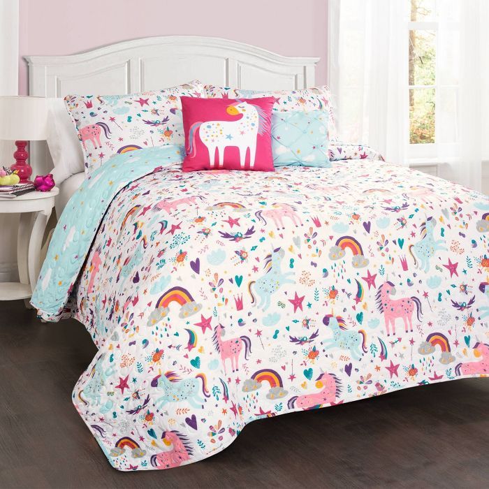 5pc Full/Queen Unicorn Heart Bedding Set with Unicorn Throw Pillow White - Lush Décor | Target