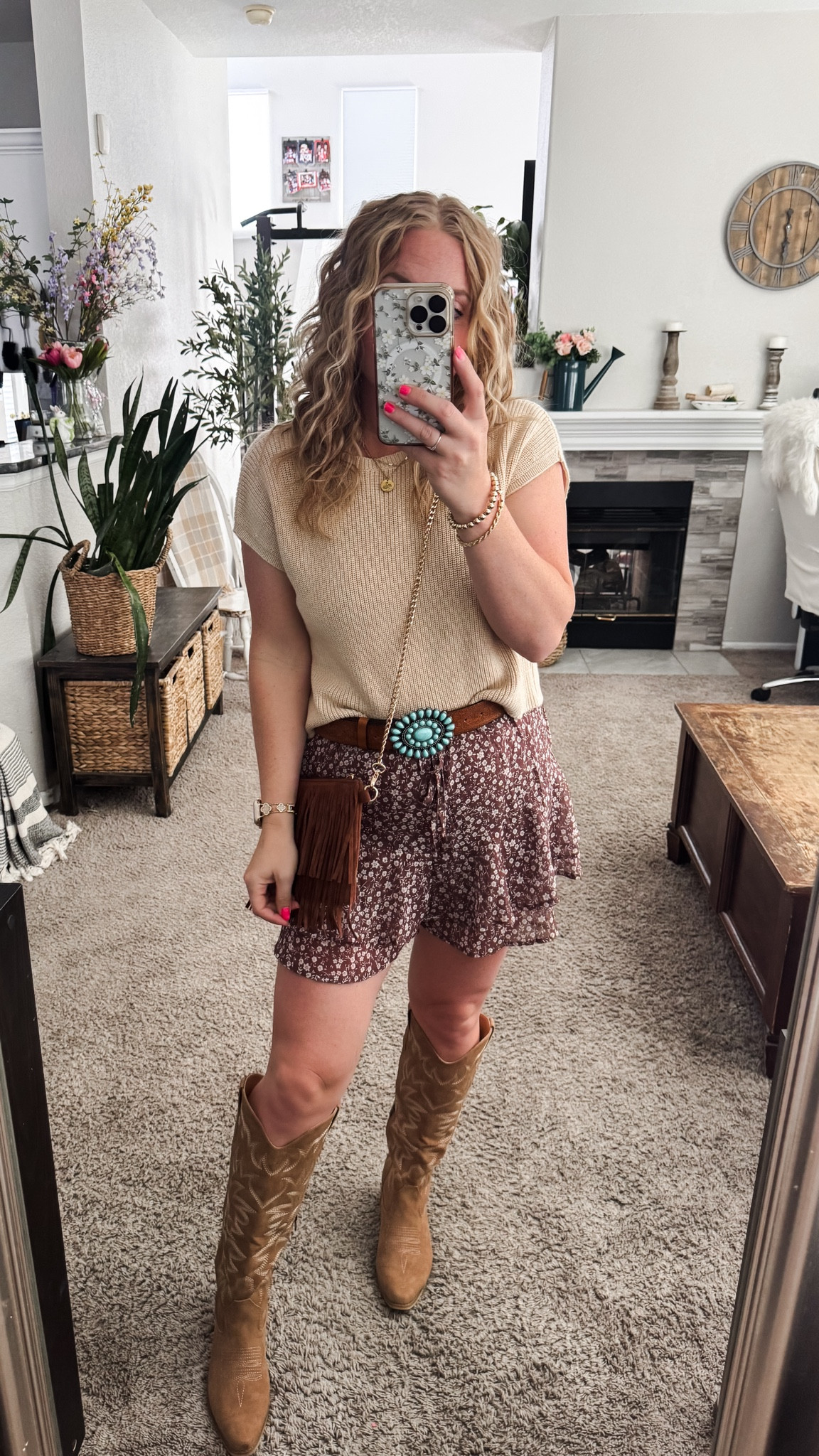 Outfit idea from amazon with a short sleeve sweater top, western belt, brown floral skort, fringe purse, and knee high cowboy boots








Nashville outfits, western outfit, festival outfit, western boots, western boho outfit, amazon outfits 2026, concert outfit ideas, summer outfit amazon, Amazon outfit ideas, summer concert outfit, summer festival, rodeo outfit, country concert outfit 

#LTKFestival #LTKPetite #LTKSaleAlert