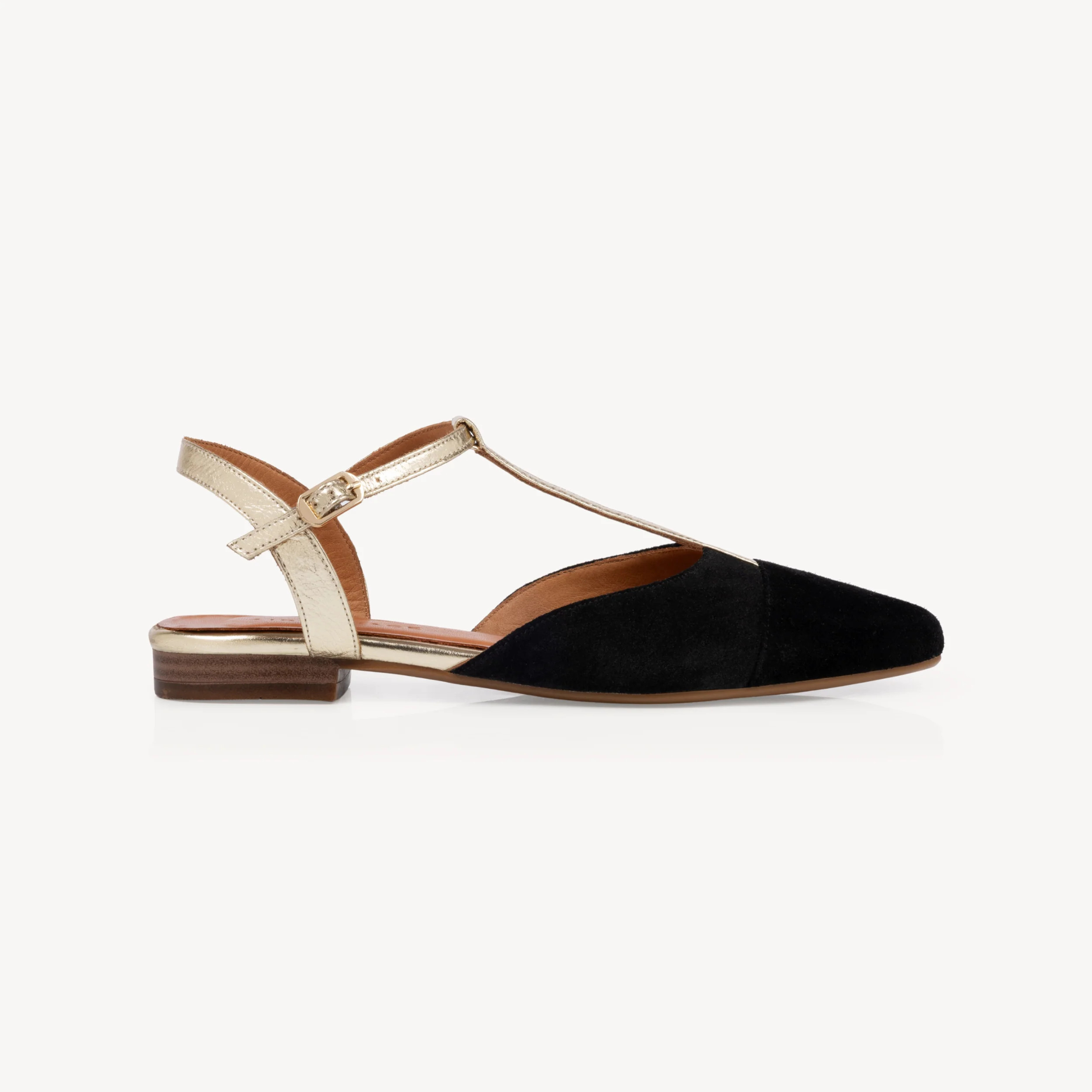 Anais: Black Suede & Gold Leather Pointed T-Bar Flats | Air & Grace