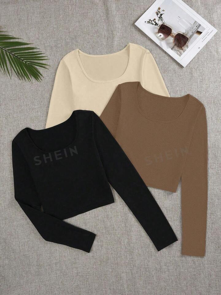 3pcs Women's Solid Color Round Neck T-shirt | SHEIN