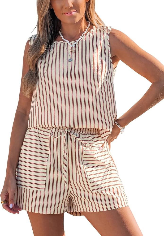 CUPSHE 2 Piece Set for Women, Summer Crew Neck Sleeveless Striped Top and Shorts with Pockets Bea... | Amazon (US)