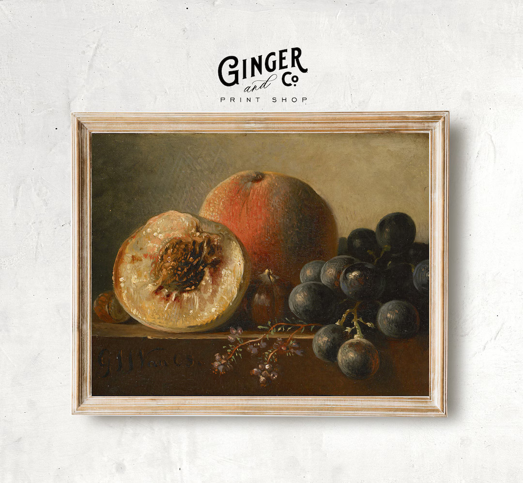 Still Life with Peaches and Grapes -- Moody Vintage Oil Painting, Gicée Canvas Print, Peel and S... | Etsy (US)