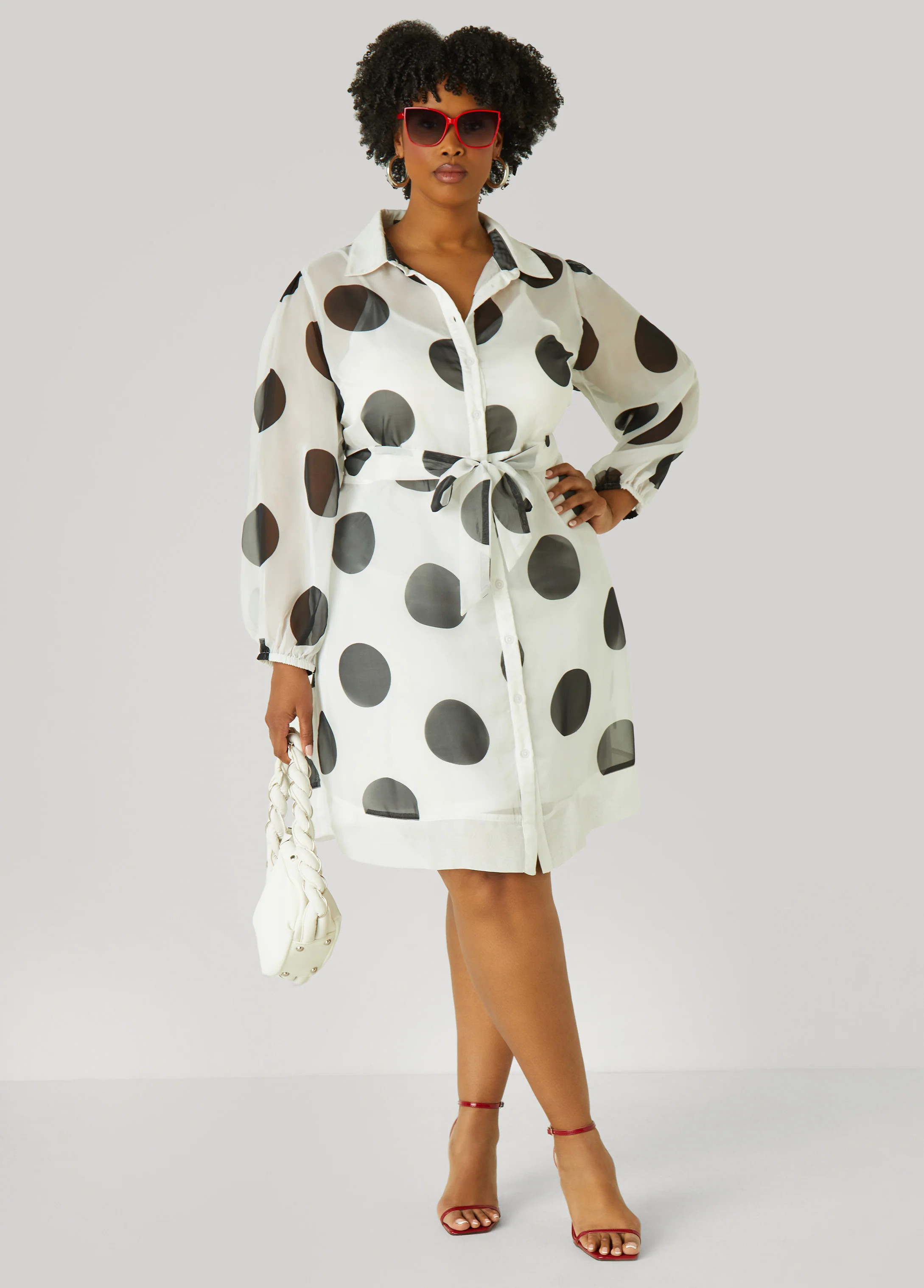Plus Size Polka Dot Organza Shirtdress, White Black, 34/36 - Ashley Stewart | Ashley Stewart