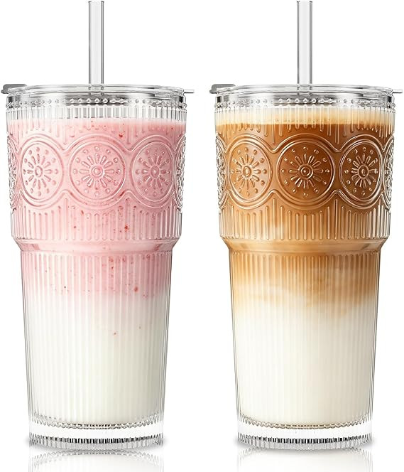 SoulTimes 20oz Ribbed & Floral Glass Tumbler with Lid and Straw – Iced Coffee Glasses Cups for ... | Amazon (US)