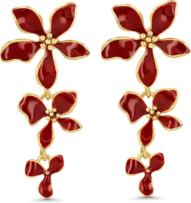 Gold Medium Dainty Chunky Enamel Flower Statement Earrings for Women by SNGIA, (Maroon, Black/Cre... | Amazon (US)