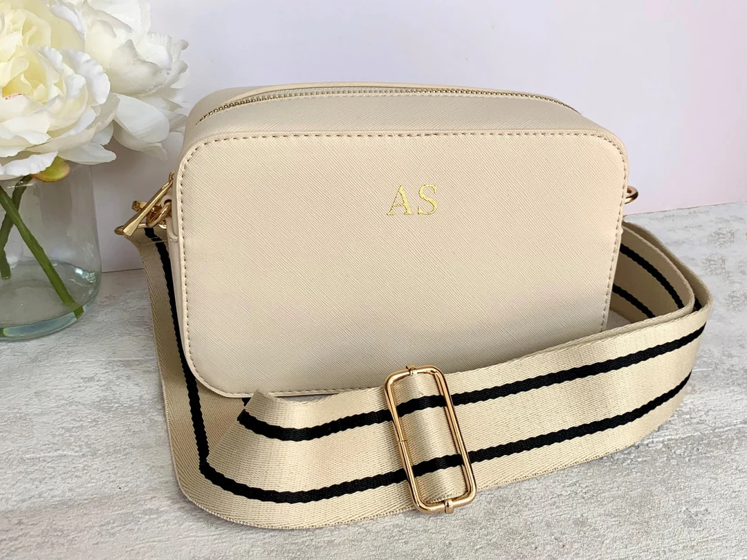 Monogram Cross Body Bag, Vegan Leather, Striped Shoulder Strap, Personalised Camera Bag - Etsy | Etsy (US)