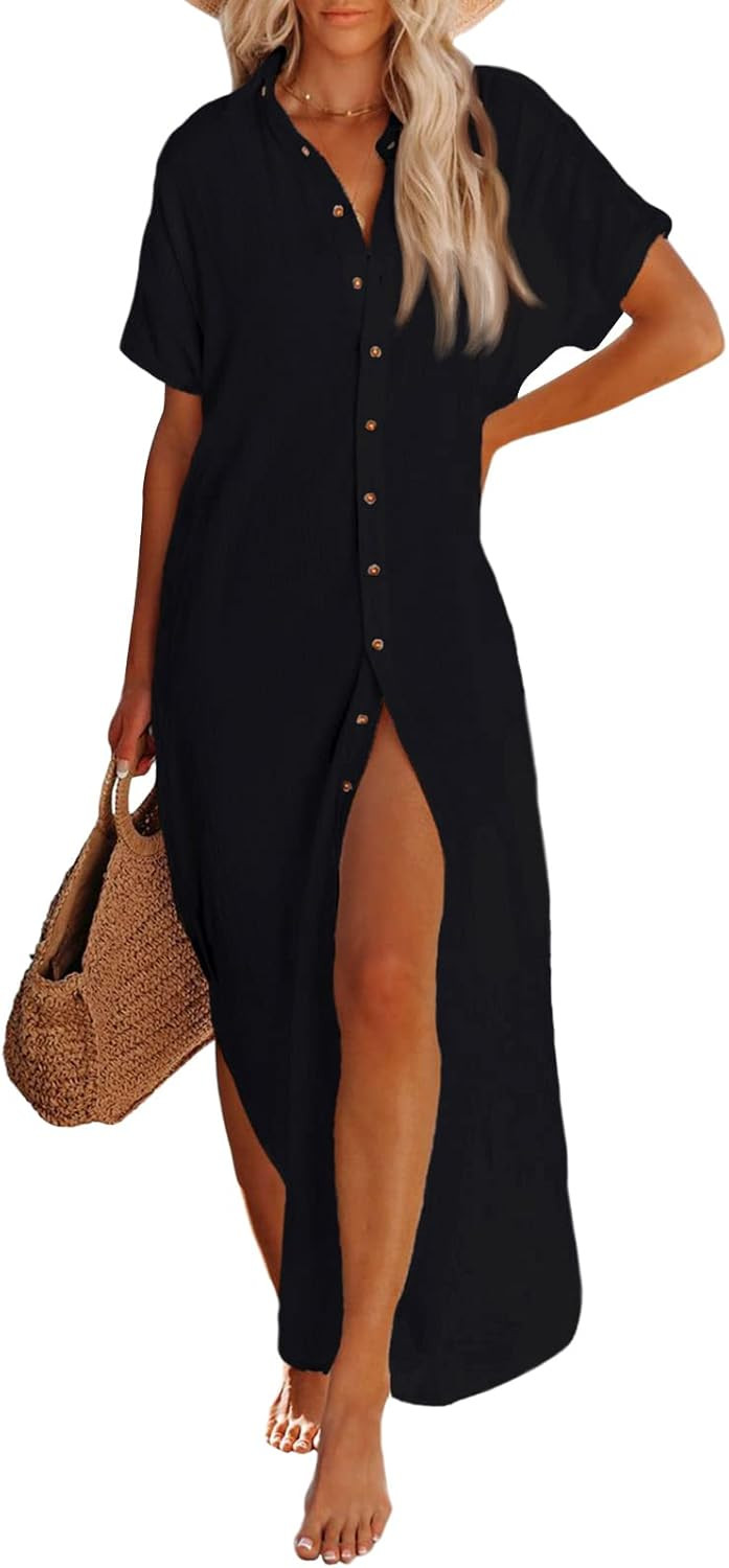 Pink Queen Women's Short Sleeve Button Down Side Slit Maxi Long Swimsuit Cover Up Blouse Dress wi... | Amazon (US)
