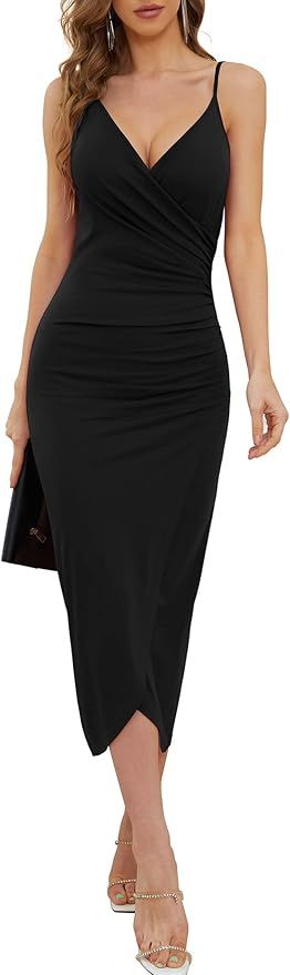 DIRASS Women's Elegant Velvet Long Sleeve Wrap V Neck Ruched Bodycon Cocktail Party Maxi Dress | Amazon (US)