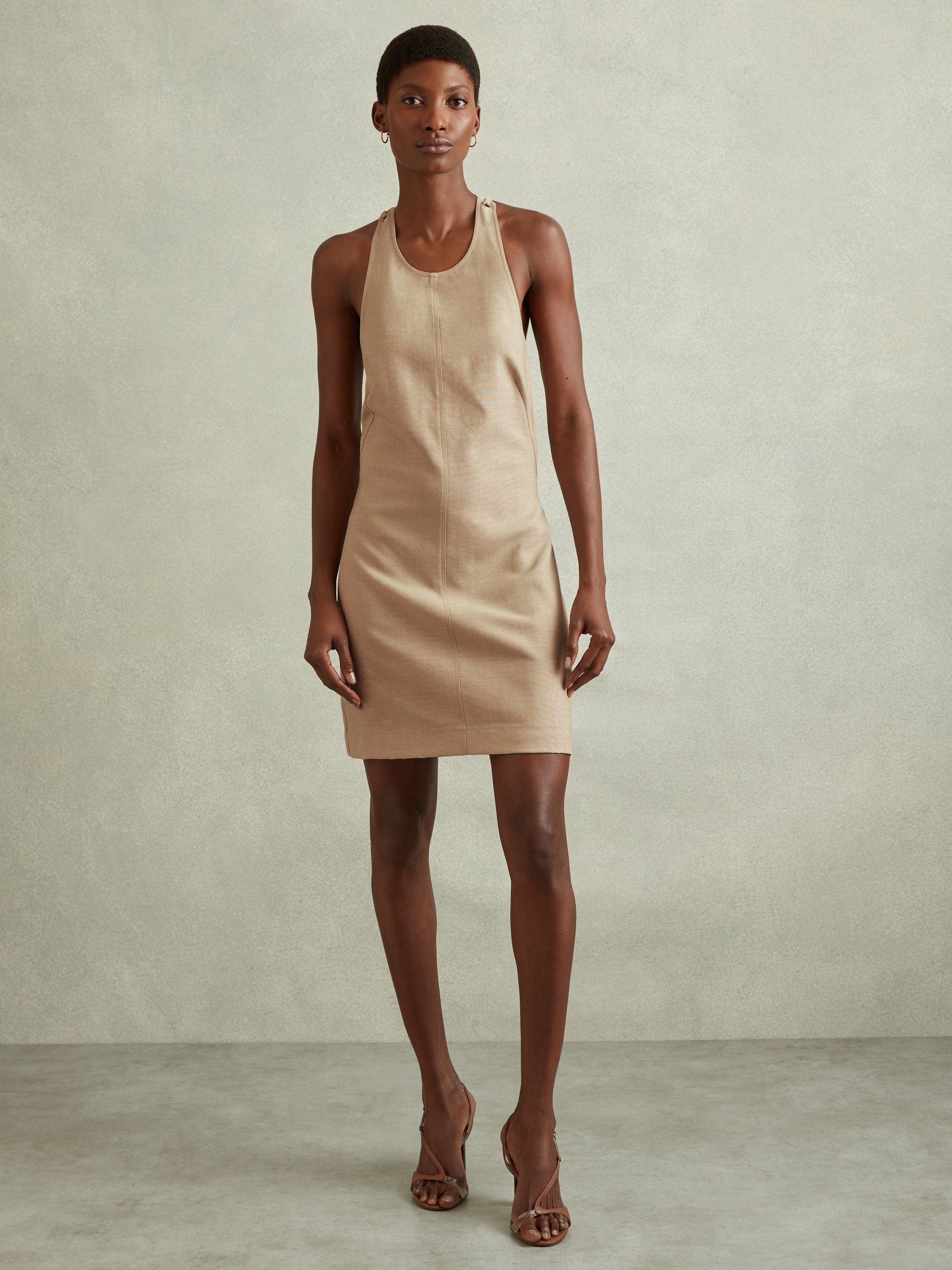 Reiss Wool Strappy Tie Back Mini Dress in Neutral - REISS | Reiss UK