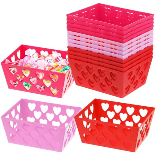 Menkxi 12 Pcs Pink and Red Valentine's Day Baskets, 5.51 x 4.33 x 2.44 Small Heart Hollowed Plastic Baskets Bulk Empty Love Gift Container Storage Bins for Home Party Favor Christmas Valentine's Day | Amazon (US)