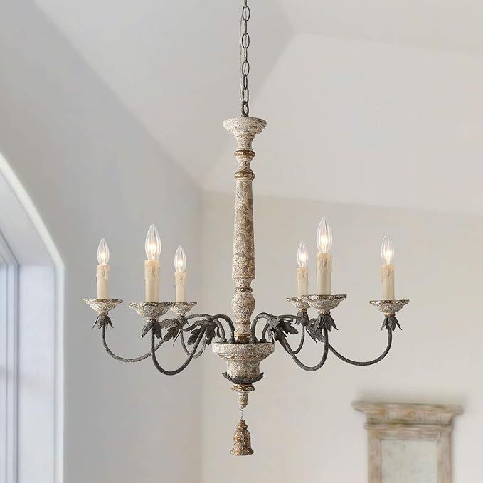 LALUZ 6 Lights French Country Chandelier with Metal Flower Arms in Distressed Wood and Rusty Stee... | Amazon (US)