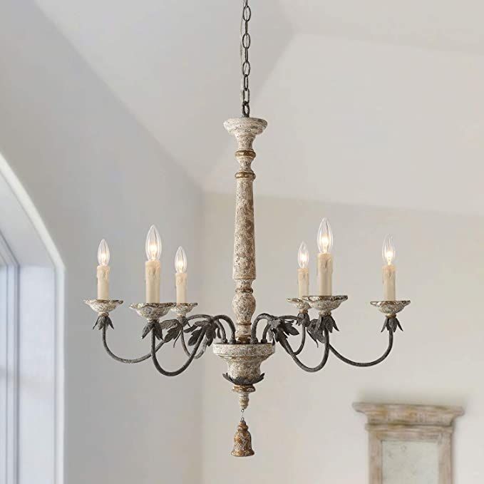 LALUZ 6 Lights French Country Chandelier with Metal Flower Arms in Distressed Wood and Rusty Stee... | Amazon (US)