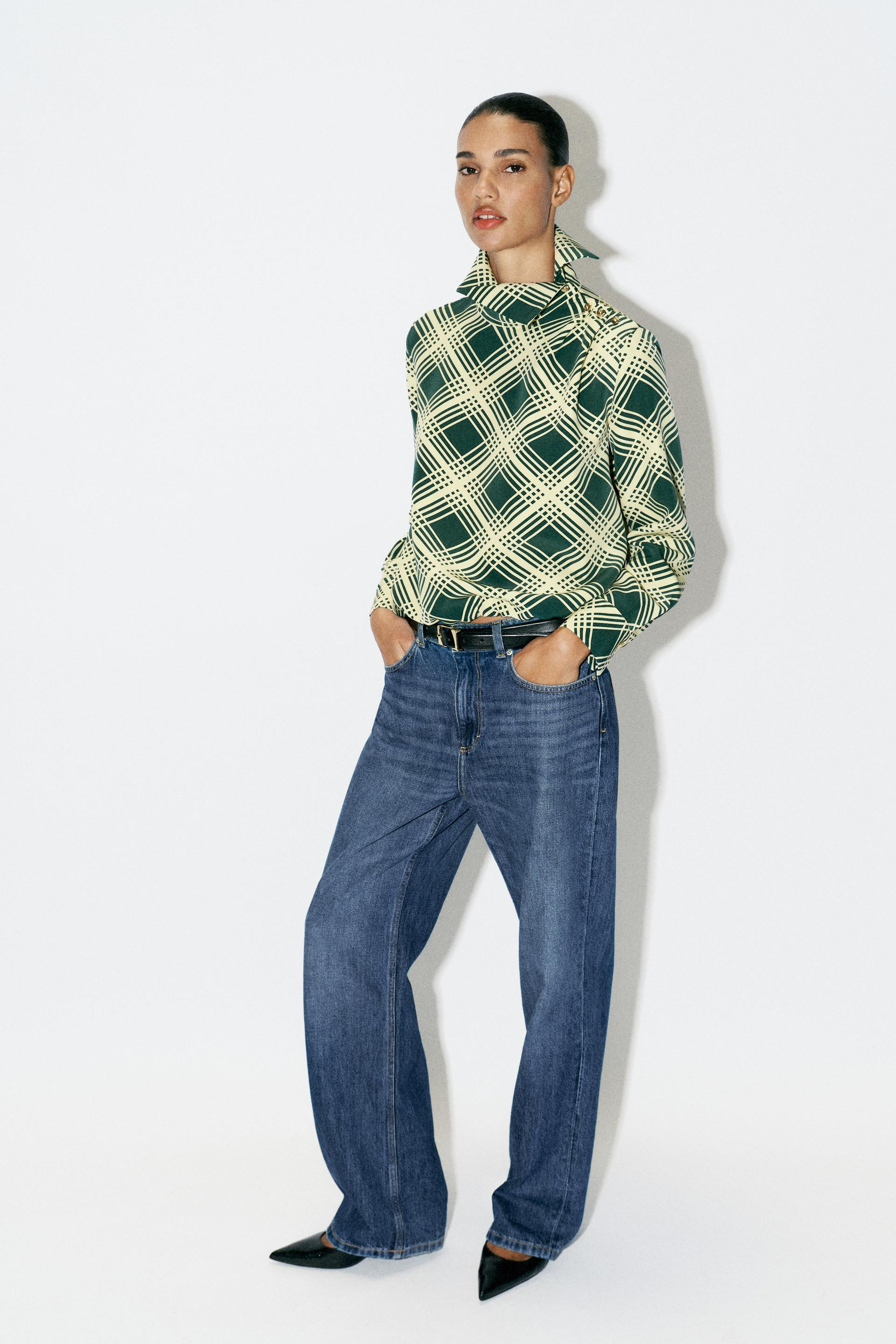 Zara - Plaid Shoulder Button Blouse - Green / Ecru - S - Woman | Zara US