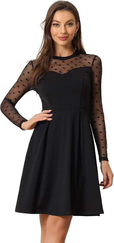 Allegra K Party Dress for Women's Heart Mesh Sheer Sleeve Crew Neck Skater Short Dress | Amazon (US)