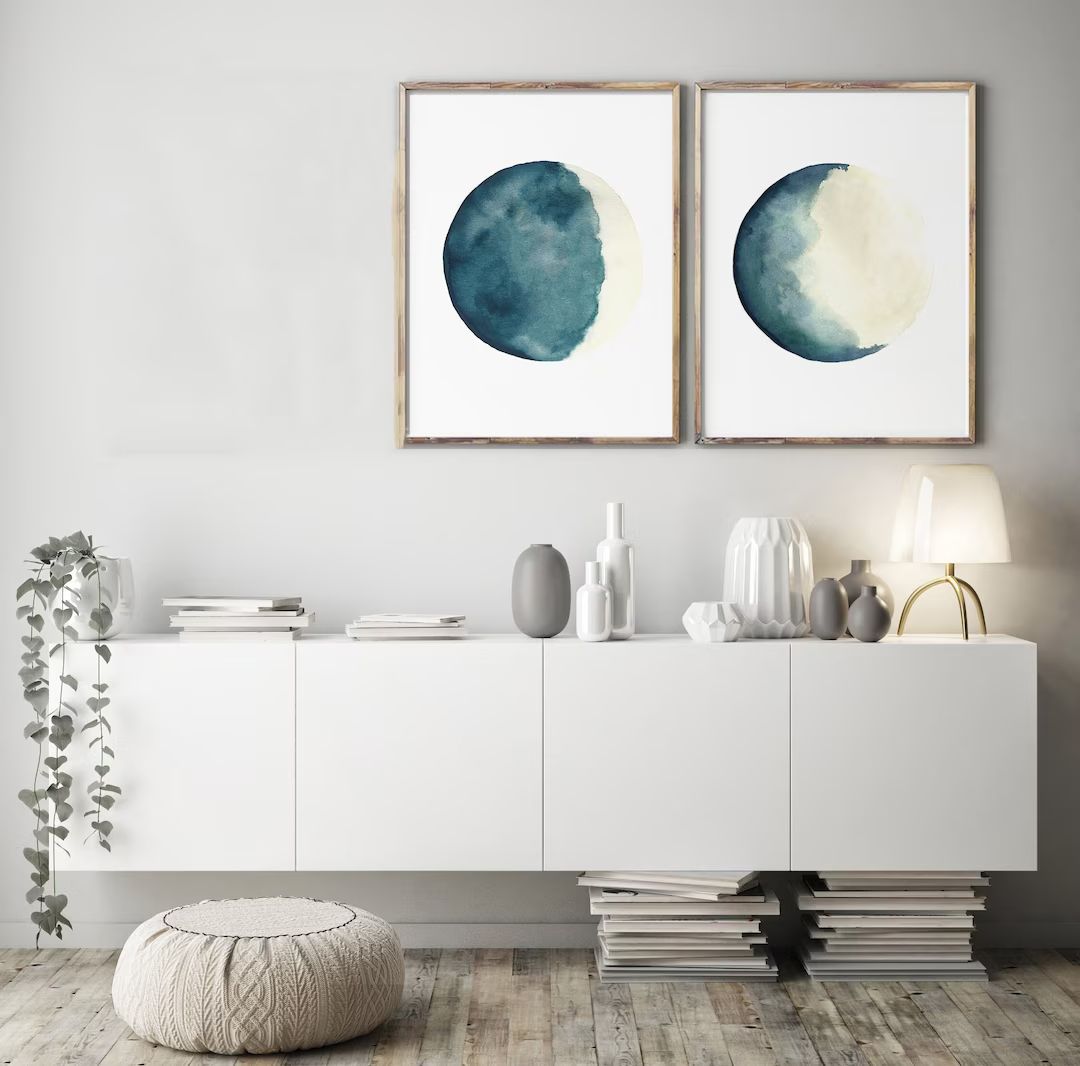 Moon Phase Art Print, Moon Phase Prints, Moon Wall Art, Set of 2 Moon Art, Waxing Crescent, Wanin... | Etsy (US)