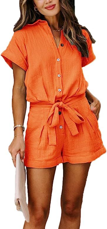 Paintcolors Women's Summer Short Sleeve Button Down Pockets Belted Elastic Waist Solid Color Jump... | Amazon (US)