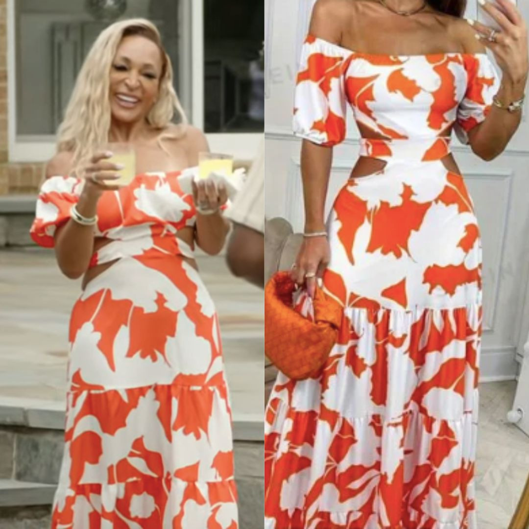 Karen Huger’s White and Orange Printed Maxi Dress