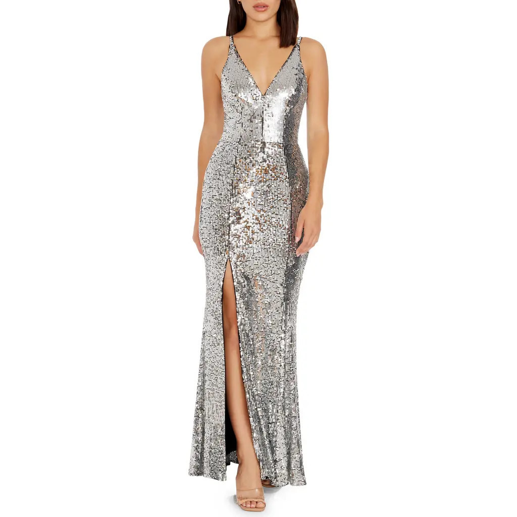 Dress the Population Iris Sequin Gown in Silver at Nordstrom, Size Xx-Large | Nordstrom