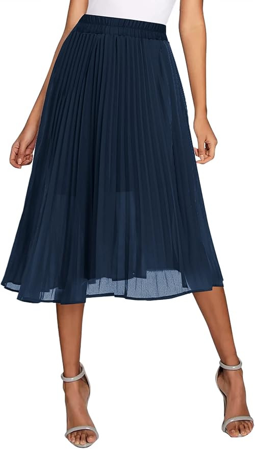 Urban CoCo Women's A Line Elastic Wasit Chiffon Midi Skirt Flare Pleated Skirts with Pockets | Amazon (US)