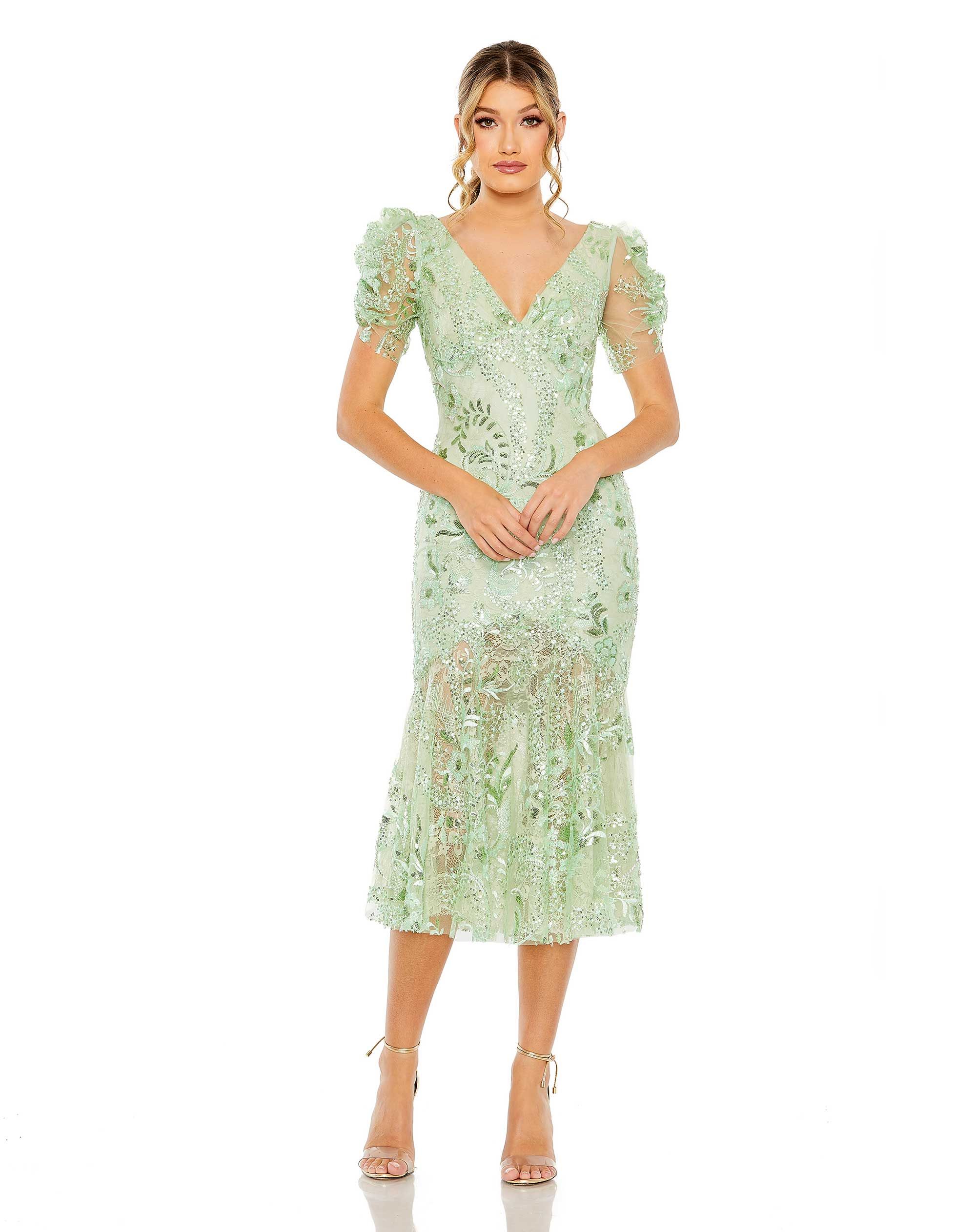 Puff Sleeve V Neck Floral Embellished Dress | Mac Duggal