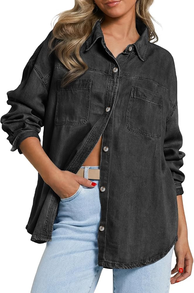 EMMIOL Women Denim Shirts Oversized Long Sleeve Button Down Blouse Distresse Jean Jacket Fall Out... | Amazon (US)