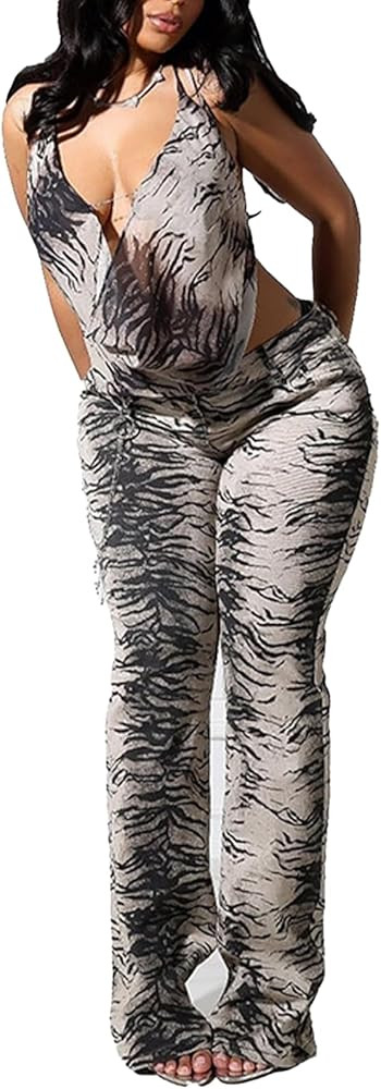 Womens Sexy Club Outfit Zebra Print Backless V Neck Top Flared Pant 2 Piece Set Mesh Y2K Party Cl... | Amazon (US)