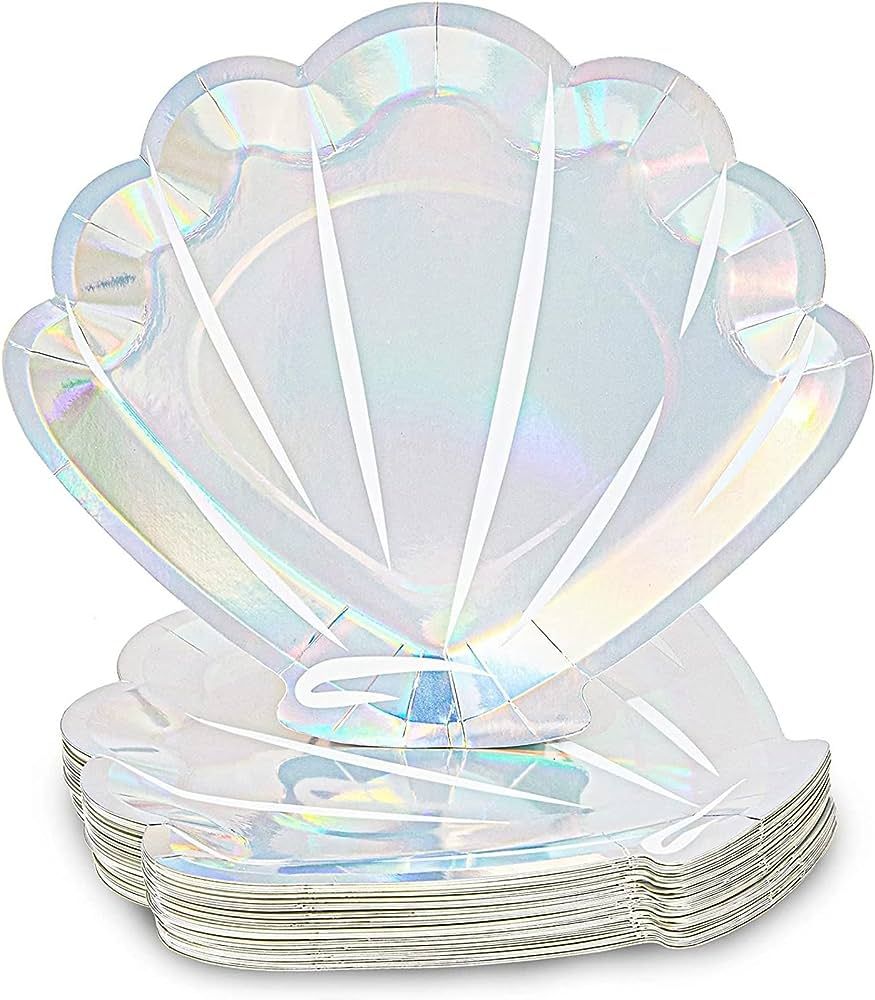 48 Pack Holographic Seashell Plates for Girls Mermaid Birthday Party Supplies, Silver Foil Design... | Amazon (US)