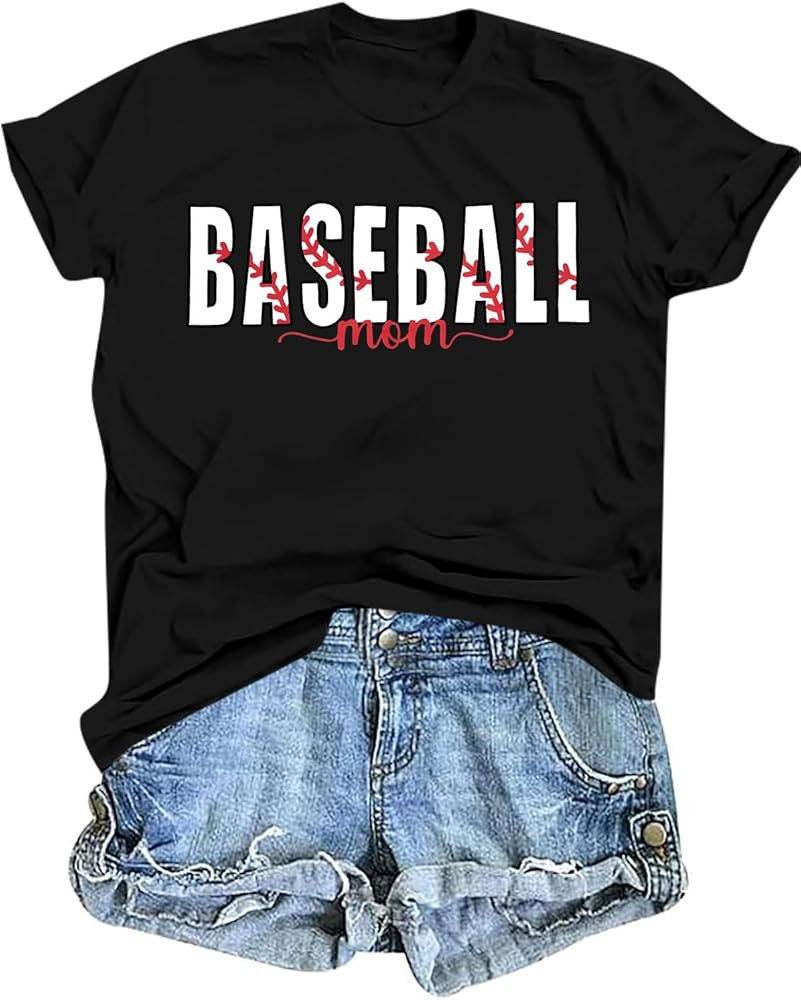 Baseball Mom Shirt Womens Mom Shirt Short Sleeve O-Neck Letter Print Casual Tops Tees | Amazon (US)
