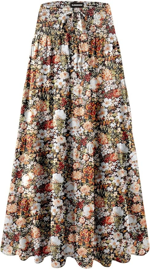 Womens Ruffle Maxi Skirts:High-Waist Elastic Pleated Long Skirt-Summer Casual Boho Flowy Skirts w... | Amazon (US)