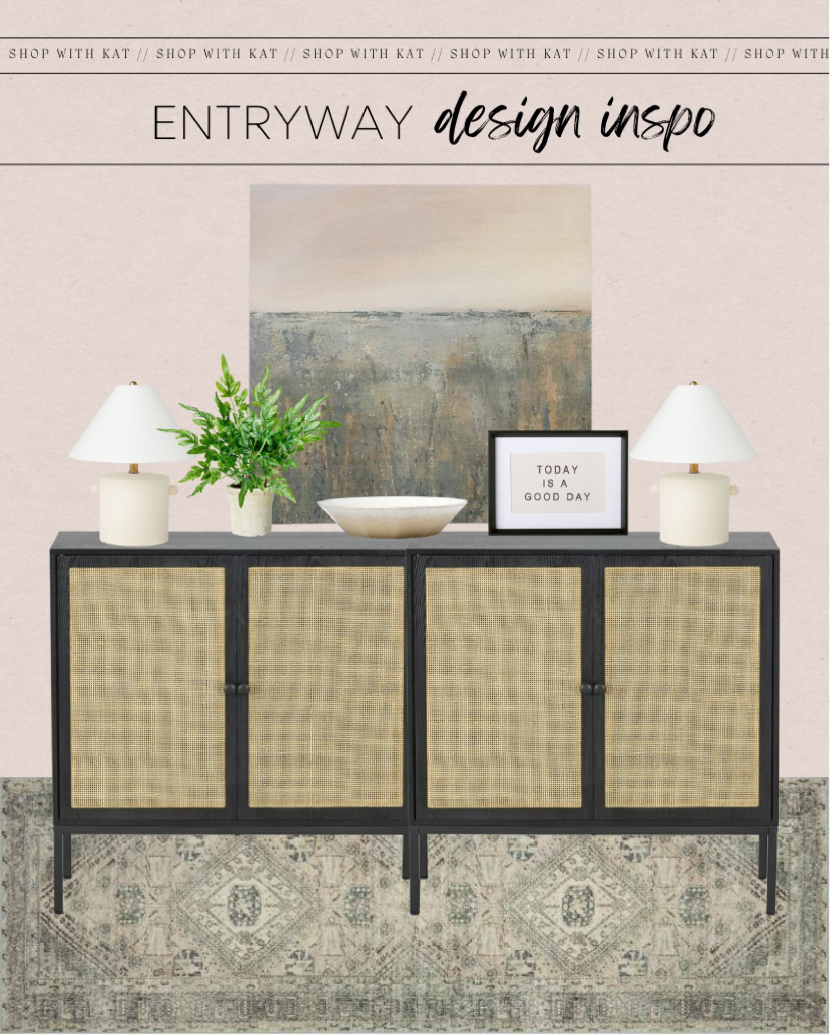 Way Day Deals are here and check out this pretty entryway look! Put two of these pretty Wayfair cabinets together to make one bigger piece at an affordable price! Cabinets, rug and artwork are all on sale now!! #wayfair #entryway #homedecor

#LTKsalealert #LTKhome