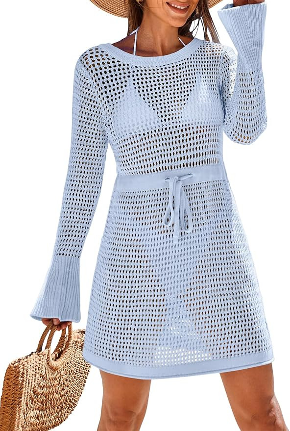 Caracilia Women's Swimsuit Coverup Summer Crochet Bell Long Sleeve Knit Swim Bathing Suit Cover U... | Amazon (US)