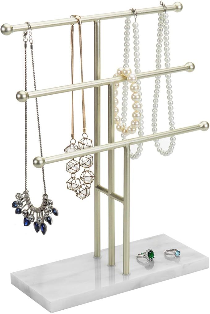 MyGift 3-Tier Tabletop Jewelry Organizer - Brass-Tone Metal T-Bar Necklace Display Stand with Mar... | Amazon (US)