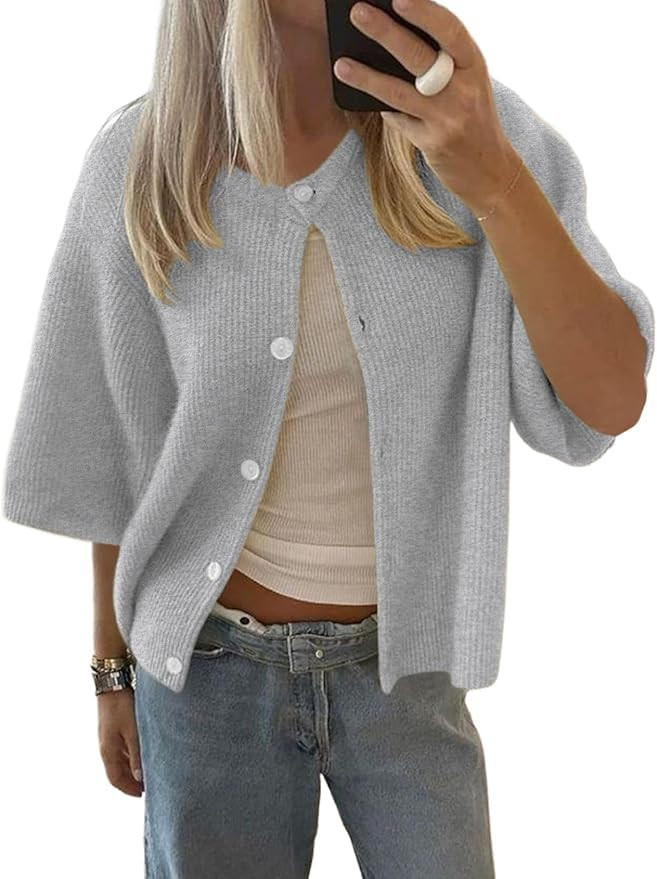 Cioatin Women Yellow Short Sleeve Button Down Crop Cardigan Sweater Y2K Oversized Aesthetic Knit ... | Amazon (US)