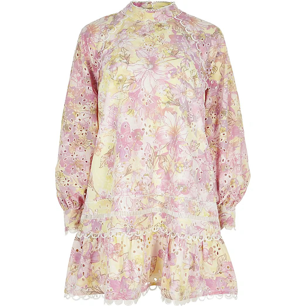 Pink floral embroidery puff sleeve mini dress | River Island (UK & IE)