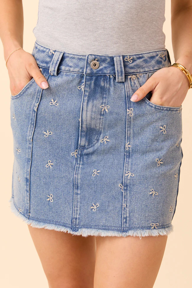 Jillian Indigo Bow Embroidered Skirt | Pink Lily