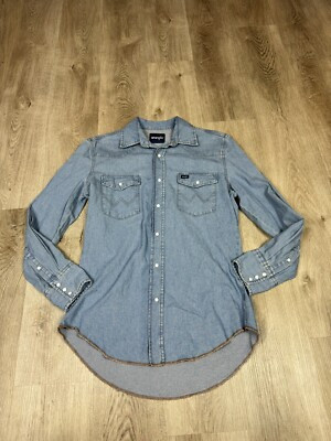 Wrangler Denim Shirt Pearl Snap Button Up Men's Medium Blue Long Sleeve Western | eBay US