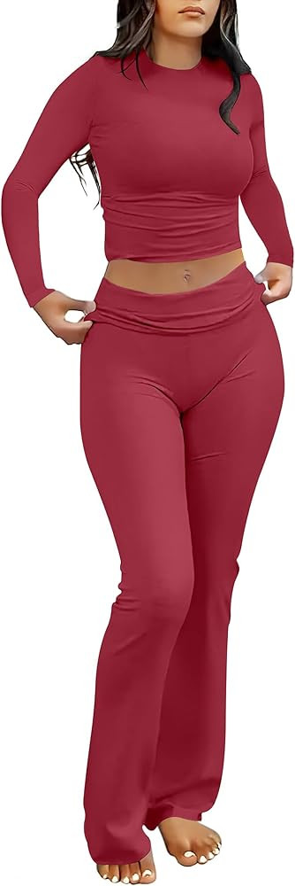 ANRABESS Women 2 Piece Outfits Fall Lounge Sets Long Sleeve Cropped Top Fold Over Flare Pants Com... | Amazon (US)