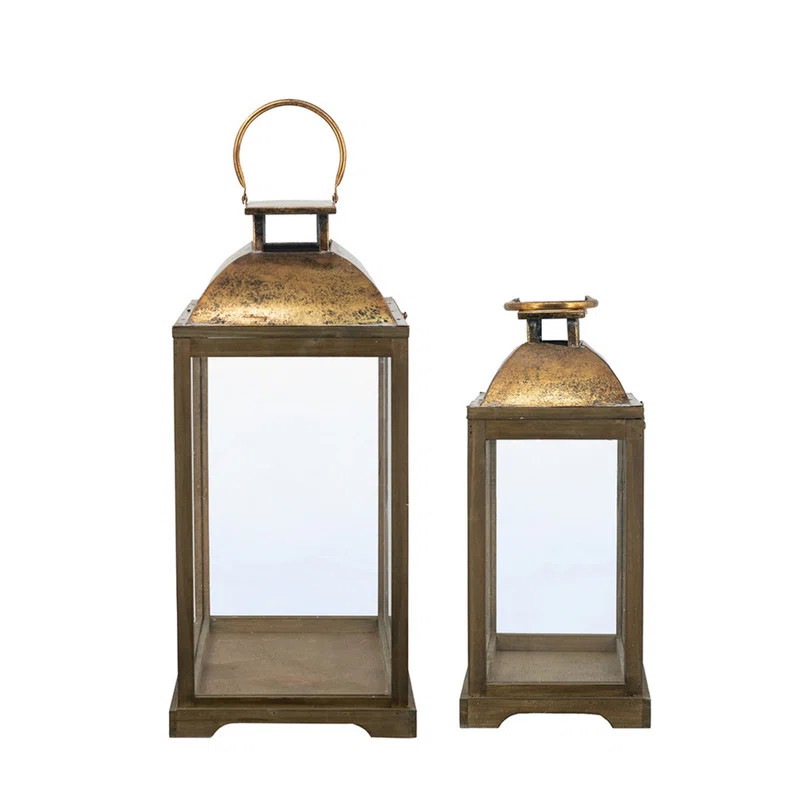 S/2 Brown Wooden Lanterns with Clear Glass Panels and Gold Metal Dome Accents | Wayfair North America
