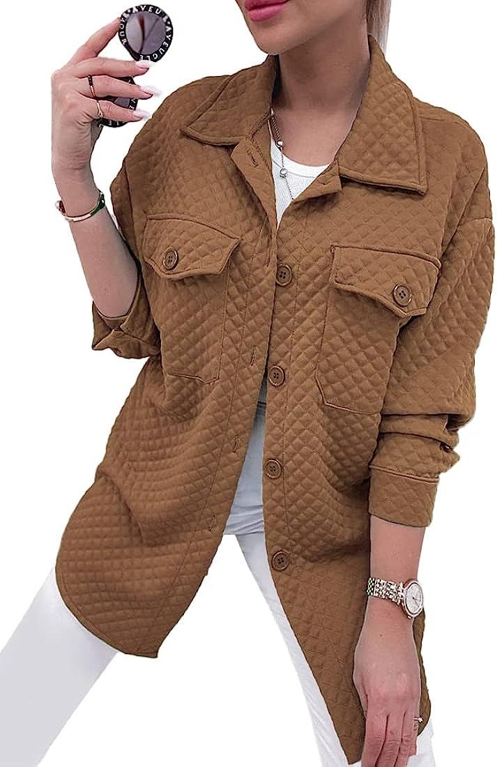 PRETTYGARDEN Women's 2022 Quilted Jackets Lapel Coat Outerwear Casual Long Sleeve Button Down Blouse | Amazon (US)