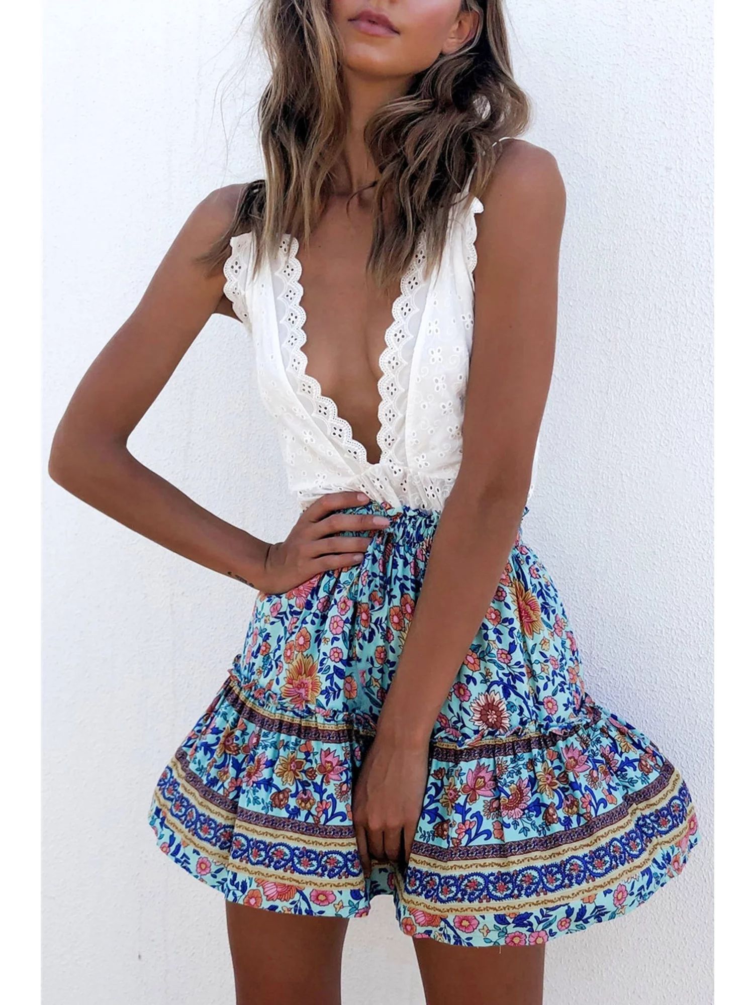 AMaVo - Womens Floral Print High Waist Ruffle Skirt Summer Boho Cute Pleated Flared Mini Holiday ... | Walmart (US)