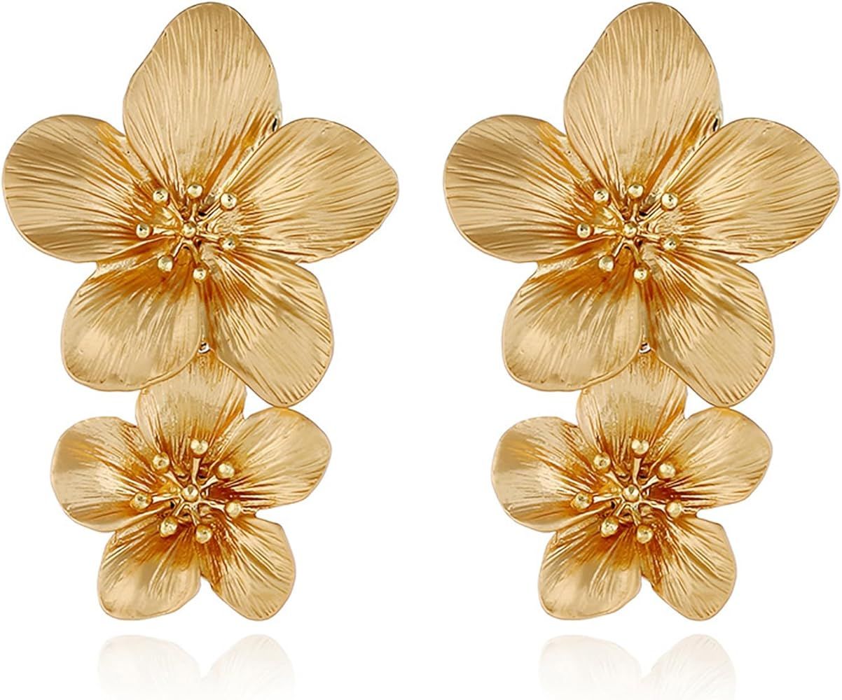 Gold Flower Earrings Double Flower Gold Statement Earrings for Women, Hypoallergenic Gold Floral ... | Amazon (US)