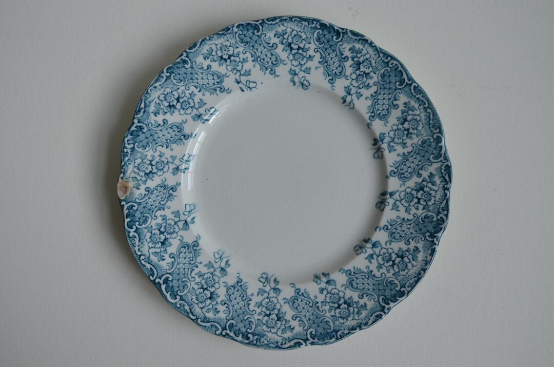 Antique Upper Hanley Semi Porcelain Dinner Plate Florence Blue and White Floral Rim Chippy Farmho... | Etsy (US)