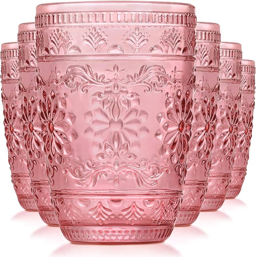 abrwyy Pink Glassware set of 6, Pink Drinking Glasses, Vintage Drinking Glasses, 14oz Colored Old... | Amazon (US)