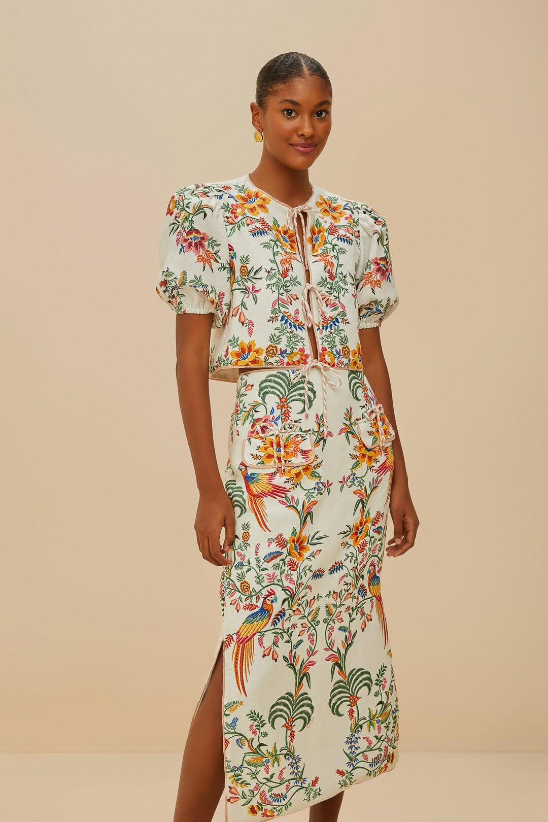 Off-White Delicate Forest Euroflax™ Premium Linen Midi Skirt | FarmRio (US)