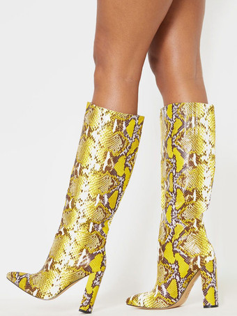Women's Python Chunky Heel Knee-High Boots in Yellow | Milanoo