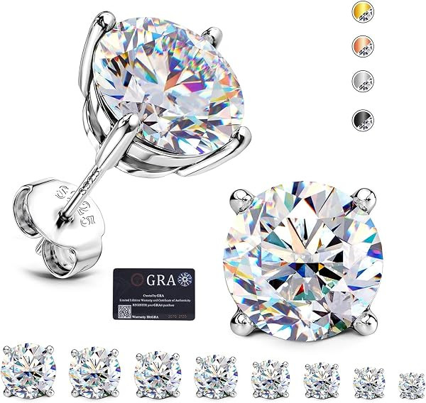 Moissanite Stud Earrings : 18K White Gold Plated Solid 925 Sterling Silver Earring Hypoallergenic... | Amazon (US)