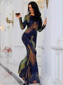 HomeWomen ClothingWomen DressesMissord Colorblock Backless Bodycon Sequin Formal Dress | SHEIN