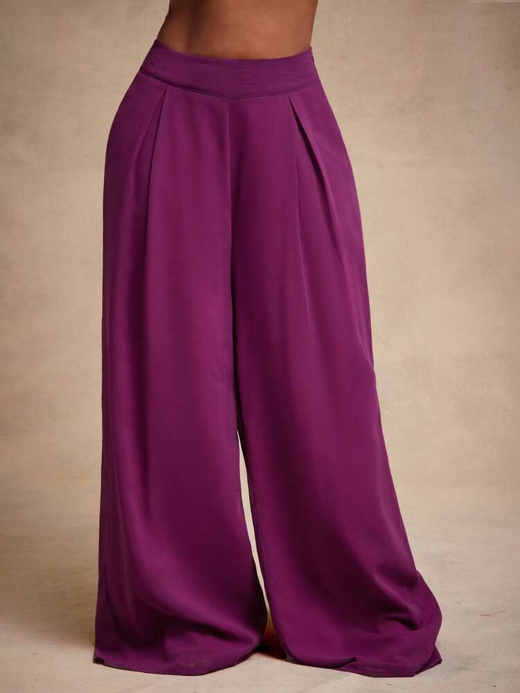 Vixey Fully Lined Chiffon High Waist Pleated Wide Leg Trousers, Wedding Guest, Cocktail, Elegant,... | SHEIN